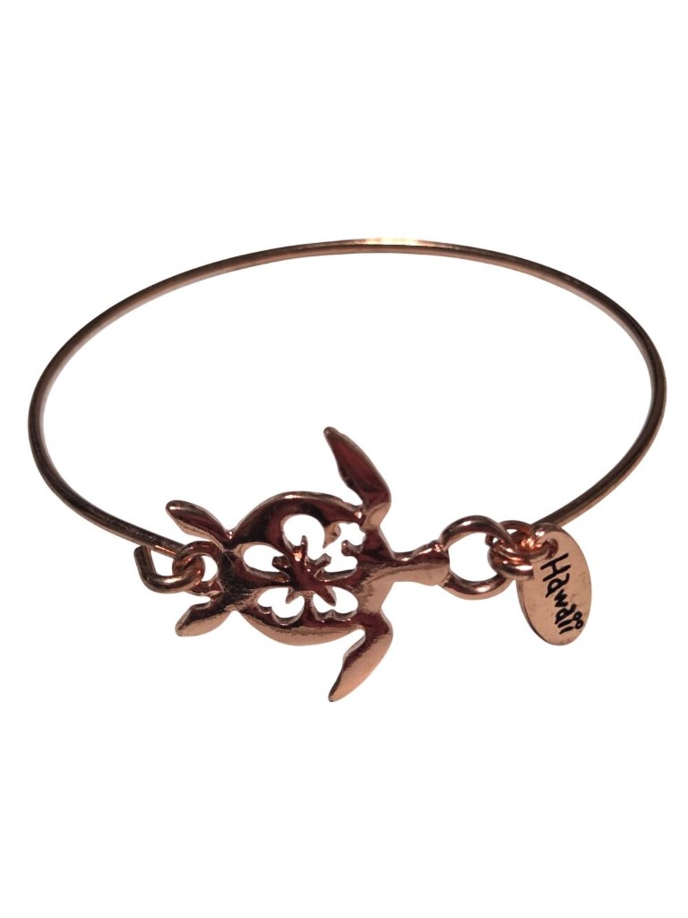 Hawaiian Sea Turtle Bangle Bracelet Flower Cutout Charm Rose Gold Tone